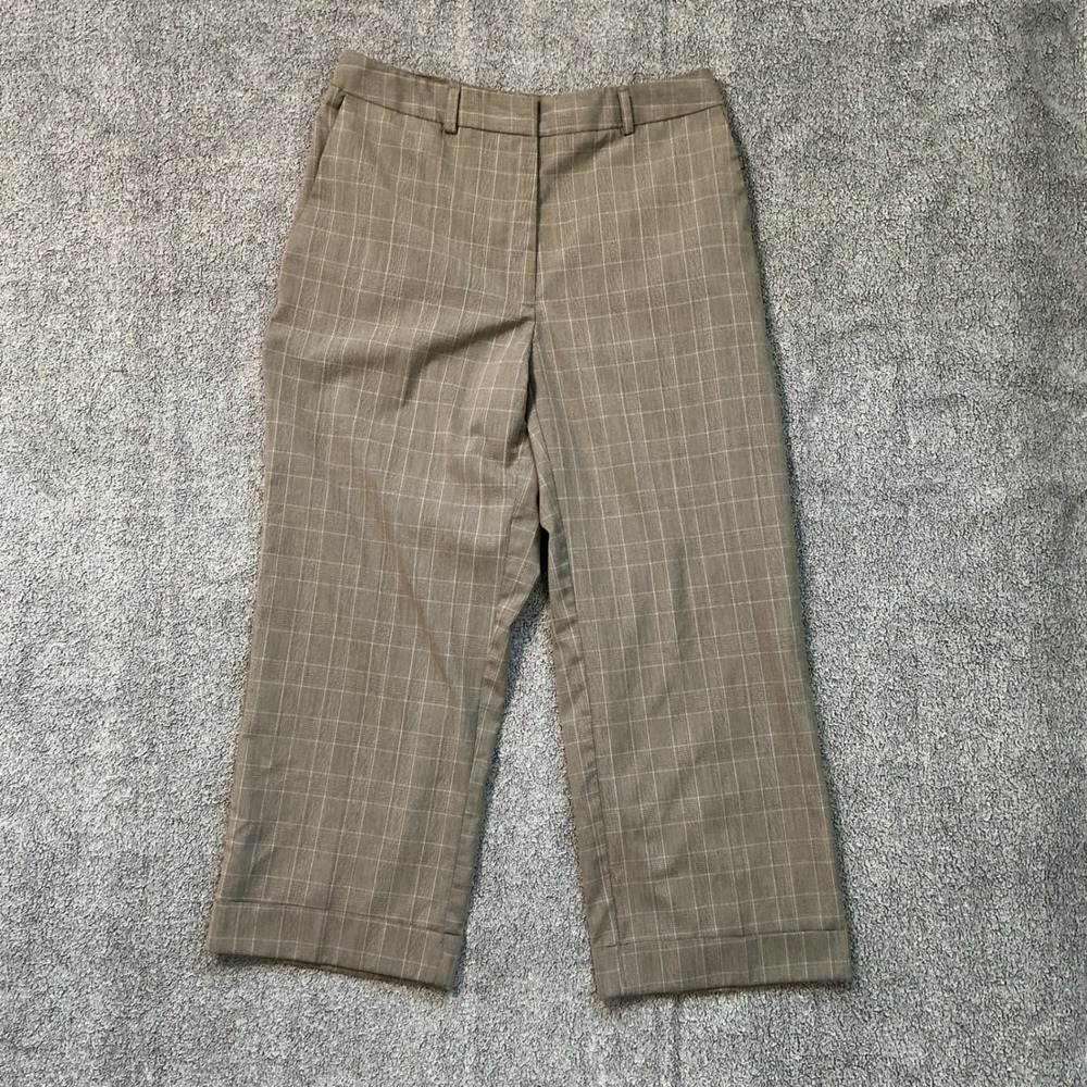 Van Heusen Women 6 Taupe Brown Plaid Cuffed Wide Leg Stretch Dress Pants